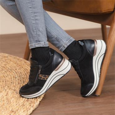 Remonte Lace Wedge Trainer With Side Zip - Black Leopard